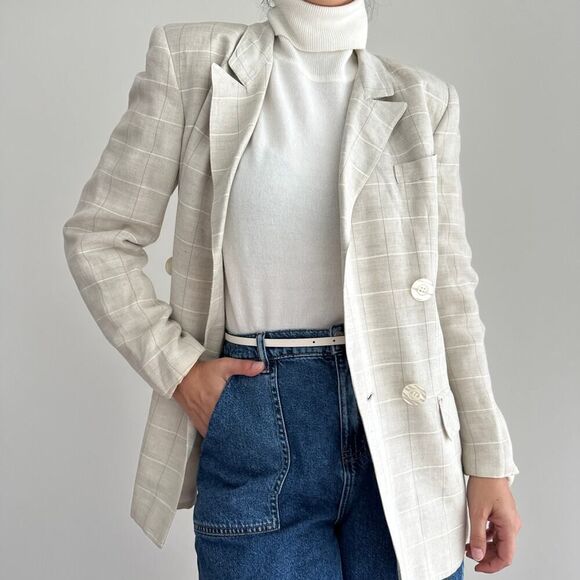 Vintage Linen Blend Jacket Women 6 Plaid Neutral Minimalist Old Money Equestrian - Picture 7 of 12